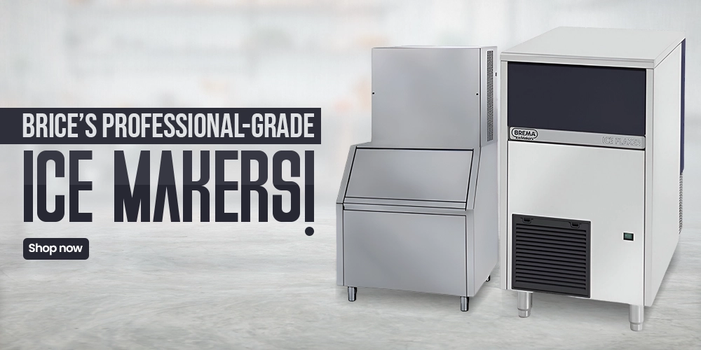 Banner featuring Brice professional-grade ice makers with storage bins, designed for efficient and reliable ice production in businesses.